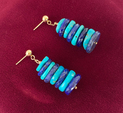 Turquoise, Lapis Lazuli & Solid 14k Yellow Gold Earrings