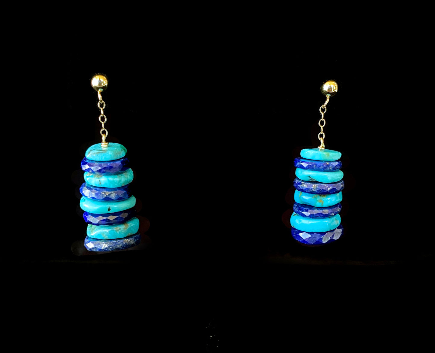 Turquoise, Lapis Lazuli & Solid 14k Yellow Gold Earrings