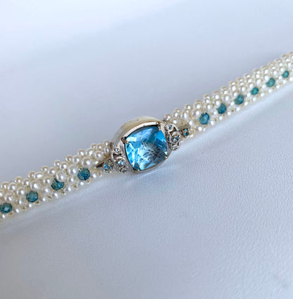 Pearl & London Blue Topaz Bracelet with 14k White Gold