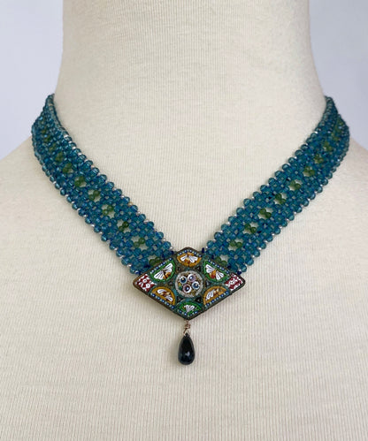 London Blue Topaz, Peridot, Seed Pearl and Vintage Mosaic Necklace