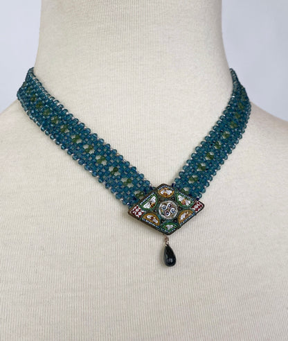 London Blue Topaz, Peridot, Seed Pearl and Vintage Mosaic Necklace