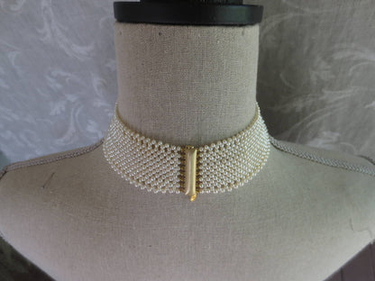 Woven White Pearl Choker Necklace with 14 k Yellow Gold Clasp