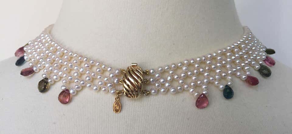 Marina J Pearl and Multi-Color Tourmaline Woven Necklace with Vintage 14k Gold