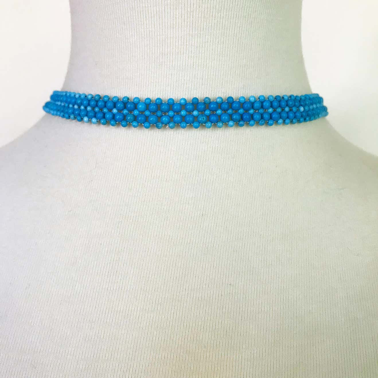 Woven Turquoise beads Sautoir with Pearls and tassel & 14K Yellow Gold