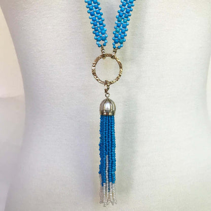 Woven Turquoise beads Sautoir with Pearls and tassel & 14K Yellow Gold