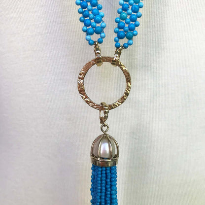 Woven Turquoise beads Sautoir with Pearls and tassel & 14K Yellow Gold