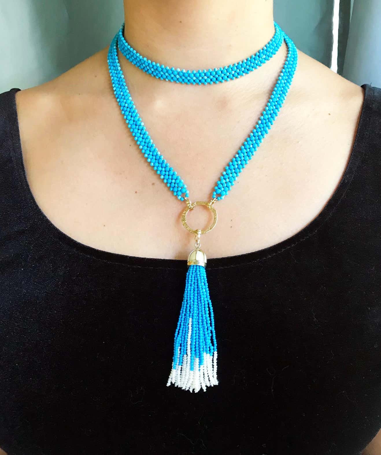 Woven Turquoise beads Sautoir with Pearls and tassel & 14K Yellow Gold