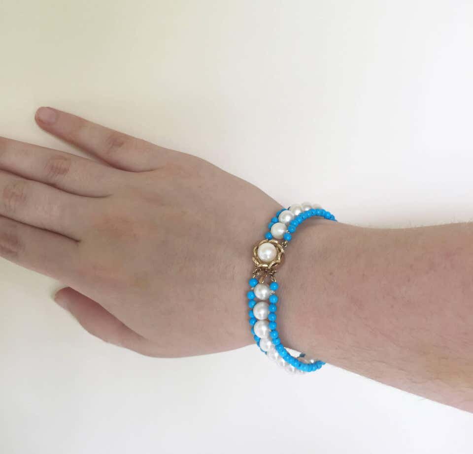 Woven Turquoise, Pearl and 14 Karat Yellow Gold Bracelet