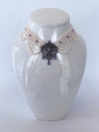 Pearl Draped Necklace with Vintage Amethyst & Silver Centerpiece