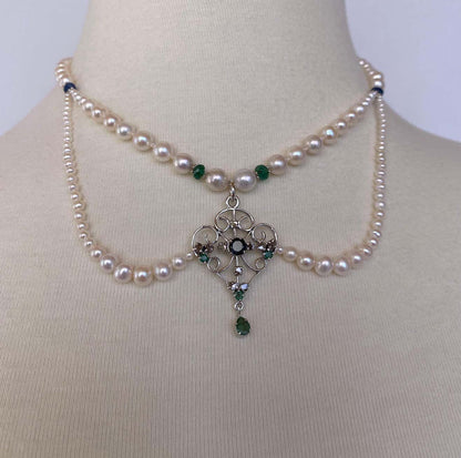 Pearl Necklace with Emerald, Sapphire & Diamonds, Vintage Centerpiece