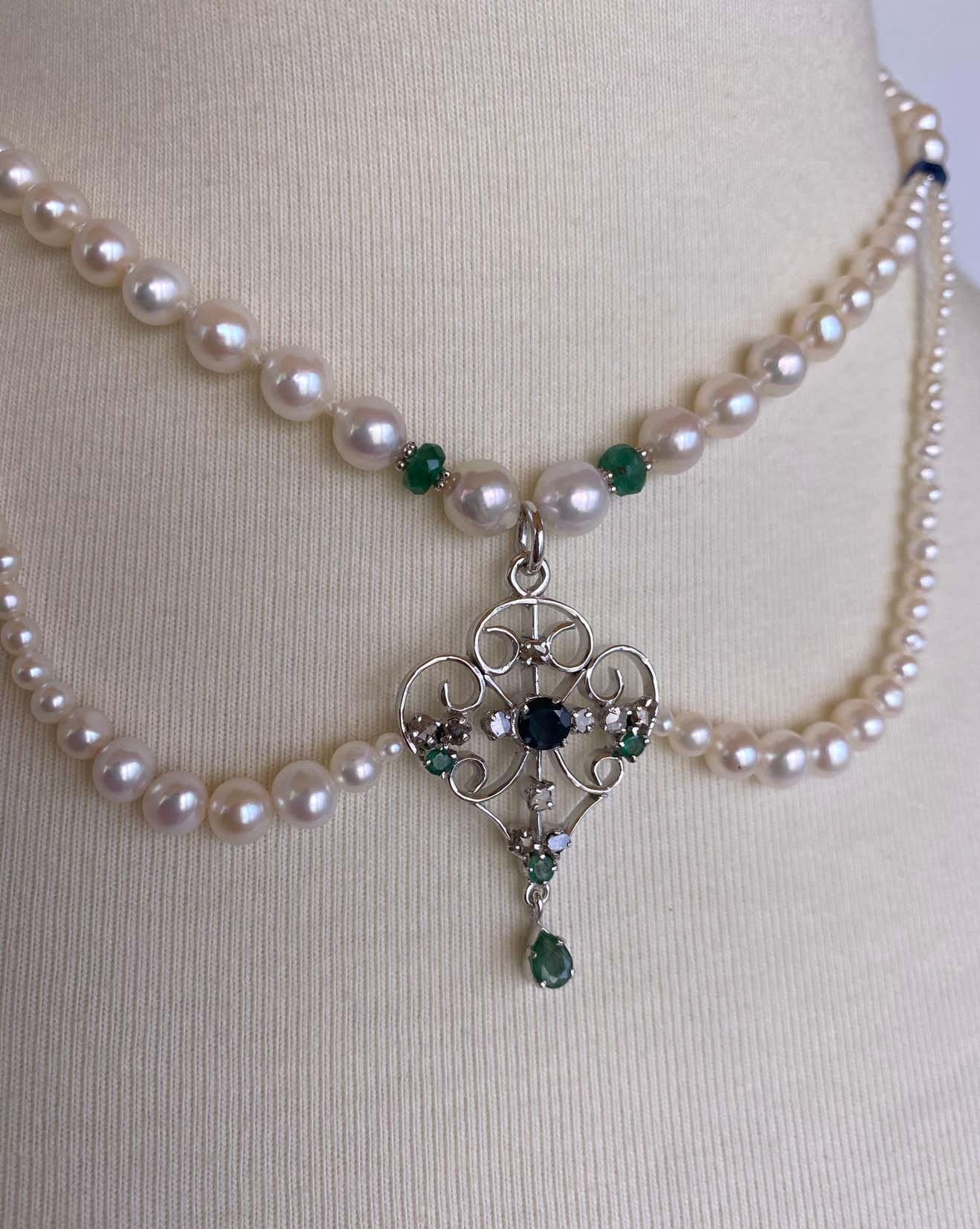 Pearl Necklace with Emerald, Sapphire & Diamonds, Vintage Centerpiece