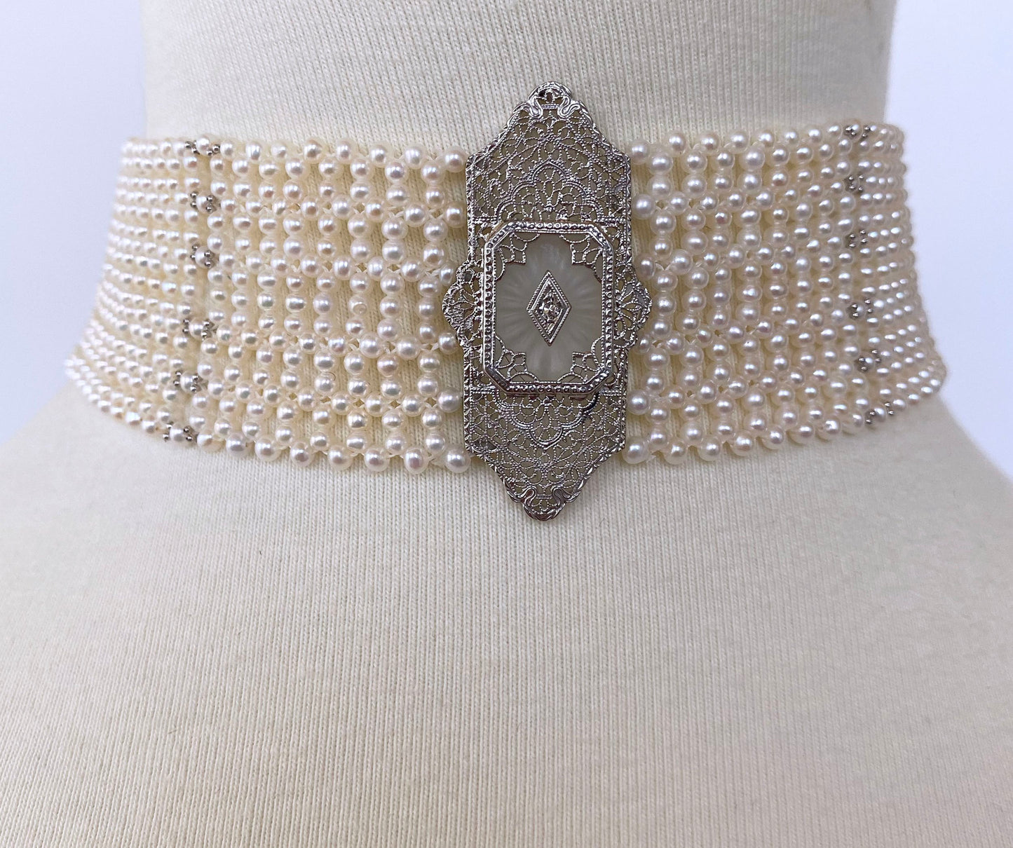 Woven Pearl Choker with 14k Gold Vintage Centerpiece and Diamond
