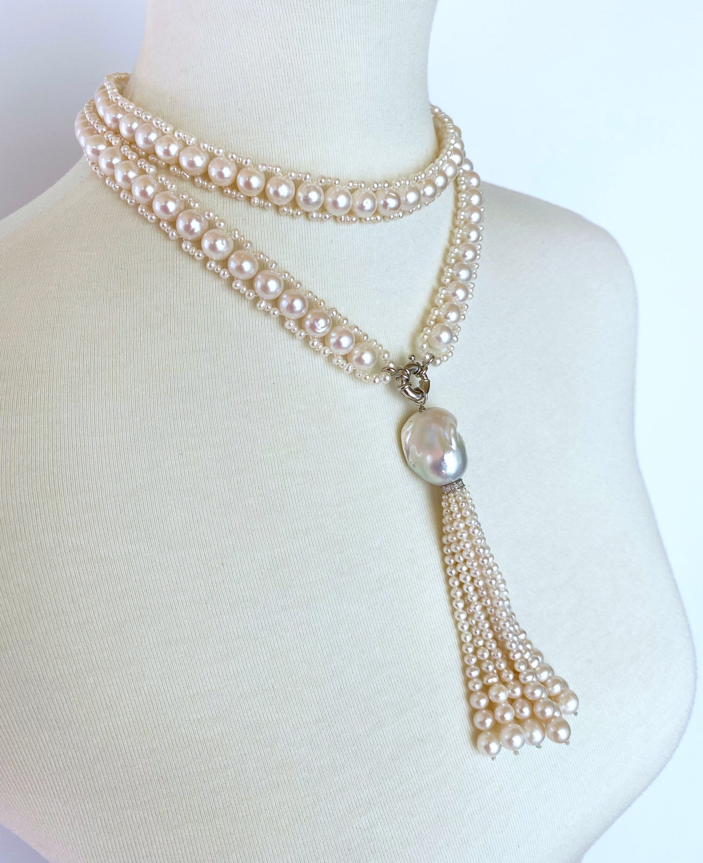 Marina J All Pearl Satuoir with Graduated Pearl Tassel & 14K White Gold