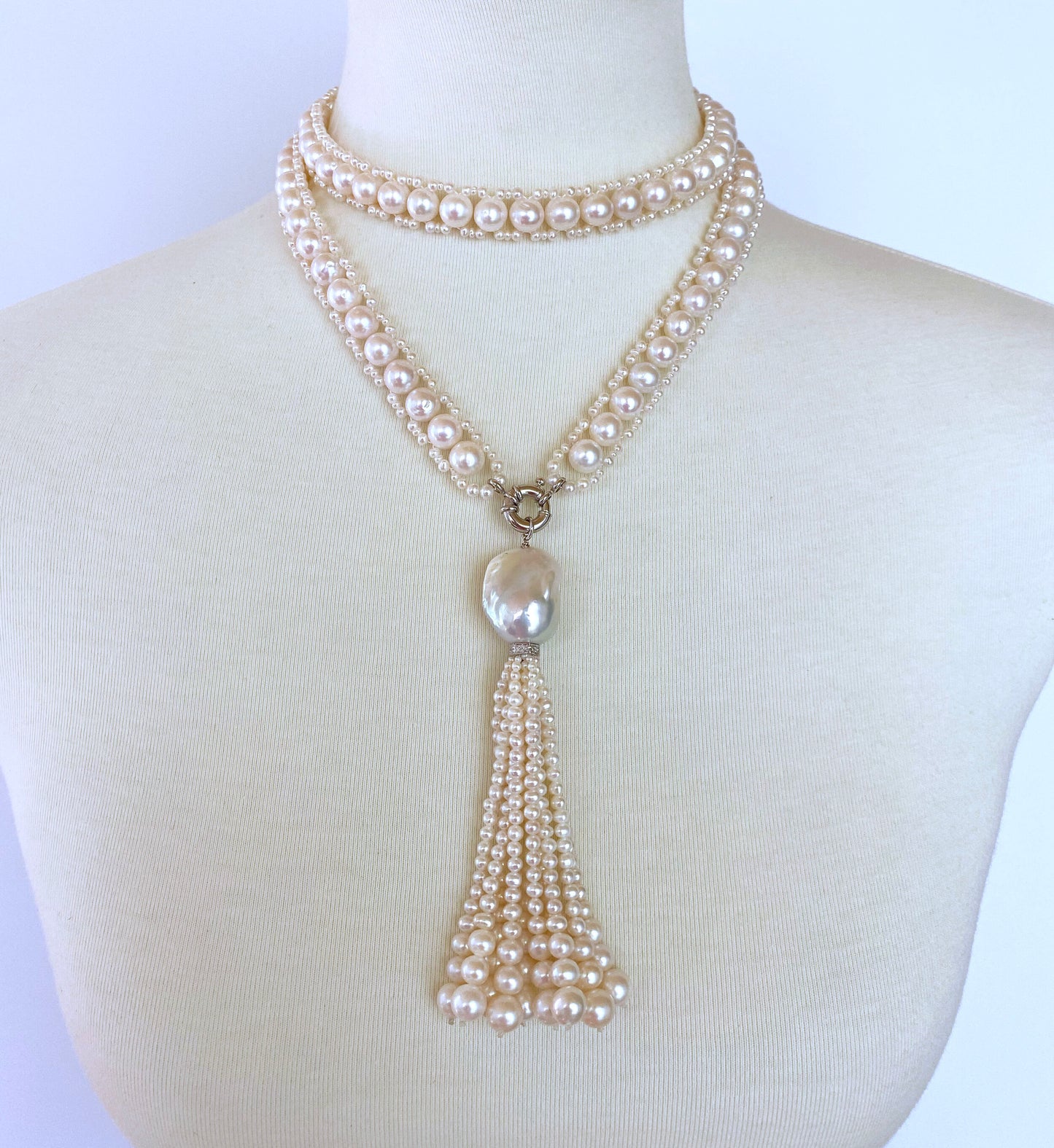 Marina J All Pearl Satuoir with Graduated Pearl Tassel & 14K White Gold