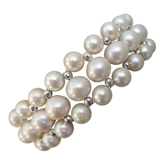 Woven White Pearl Bracelet with Faceted Silver Beads and Rhodium Silver Clasp