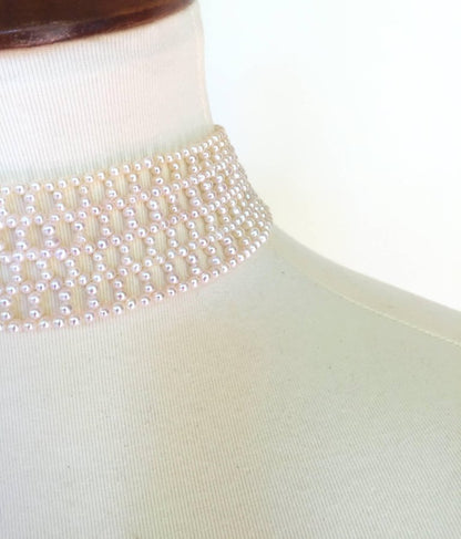 Wide Woven White Pearl Choker with 14k White Gold Plated Silver Clasp