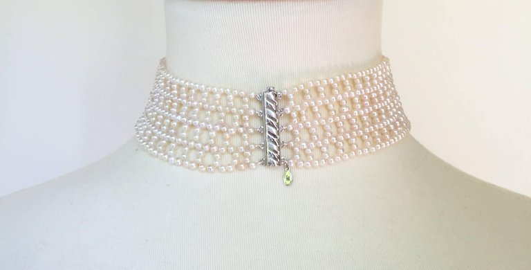Wide Woven White Pearl Choker with 14k White Gold Plated Silver Clasp