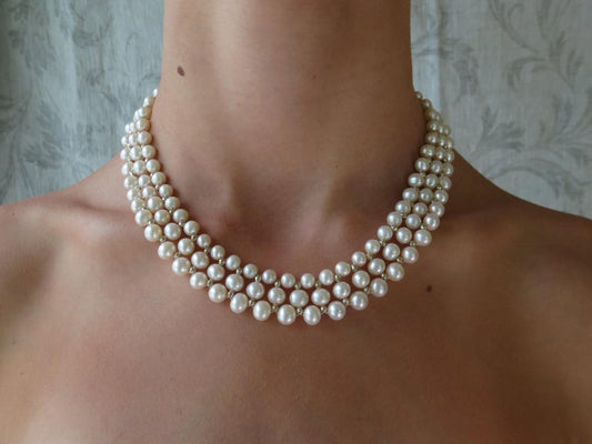 Woven Pearl Necklace with 14 Karat Gold Faceted Beads and Clasp