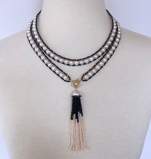 Pearl and Black Spinel Satuoir and Tassel with 14k Yellow Gold