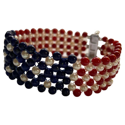Unisex Pearl, Lapis & Coral Woven American Flag Bracelet with 14k Gold