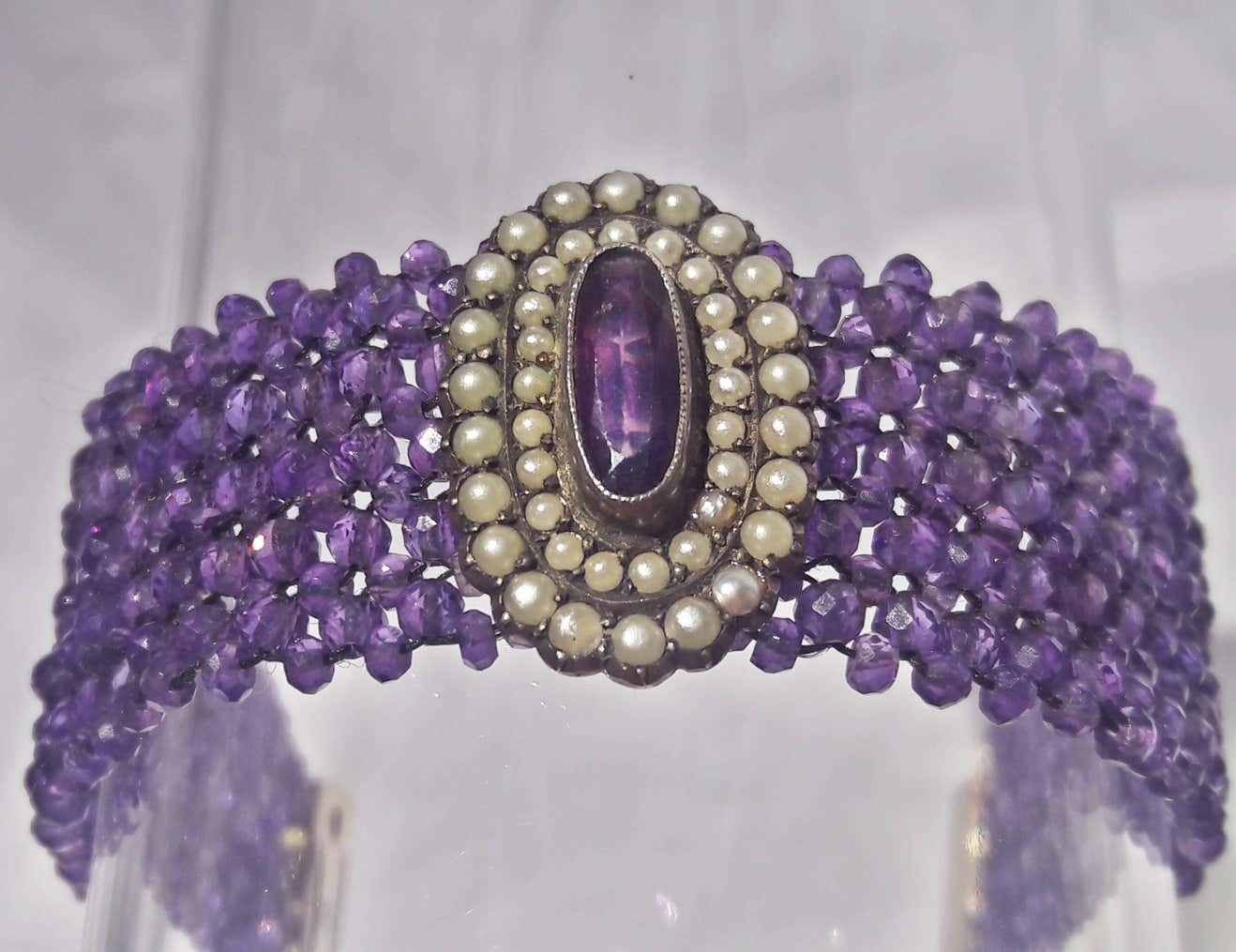 Woven Amethyst Beaded Bracelet with Silver Clasp & Centerpiece