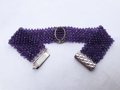 Woven Amethyst Beaded Bracelet with Silver Clasp & Centerpiece