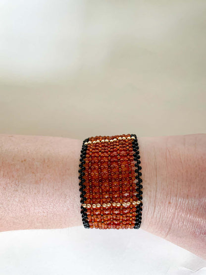 Carnelian, Gold, and Onyx Beads Wide Woven Bracelet with Vermeil clasp