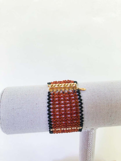 Carnelian, Gold, and Onyx Beads Wide Woven Bracelet with Vermeil clasp