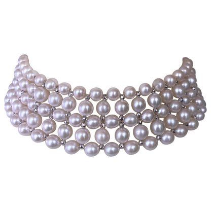 Woven Pearl Choker with Silver Rhodium Plated Disco Accents