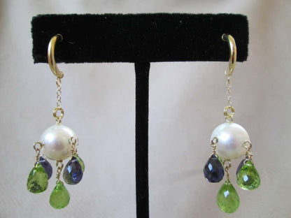 Marina J Pearl with Peridot and Iolite Briolettes Earrings with 14K Yellow Gold