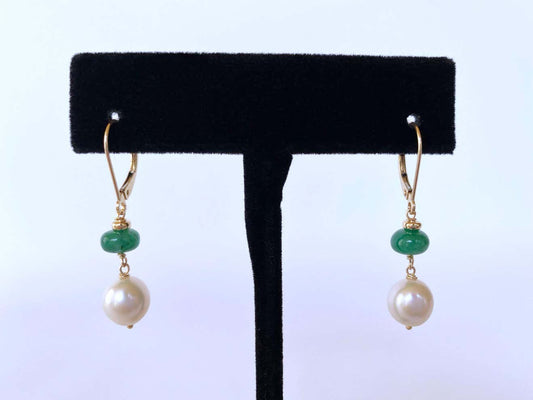 Emerald, Pearl and 14k Yellow Gold Lever Back Earrings