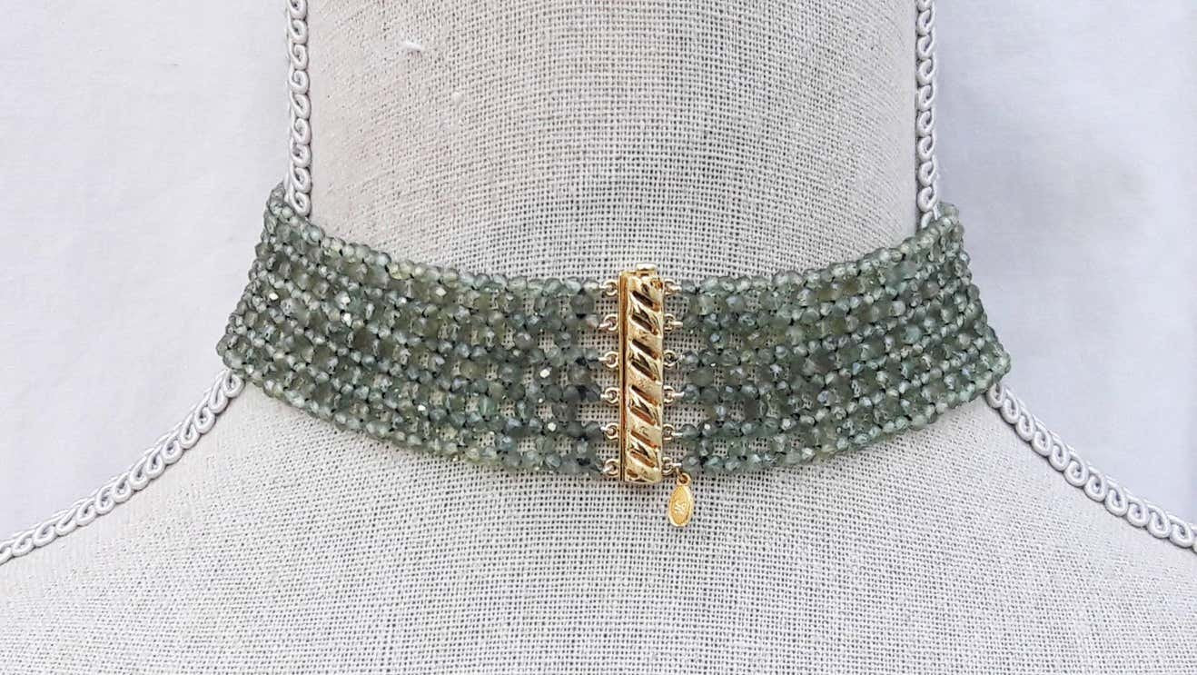 Woven Faceted Green Onyx Choker with Yellow Gold Plated Silver Clasp