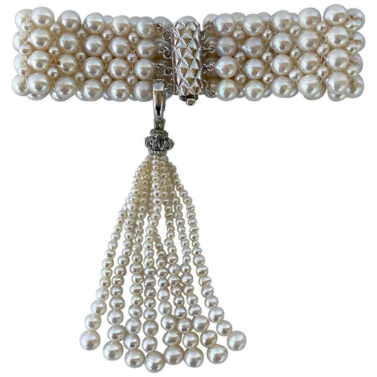 Art Deco Inspired Woven Pearl Bracelet with Pearl Tassel & Rhodium