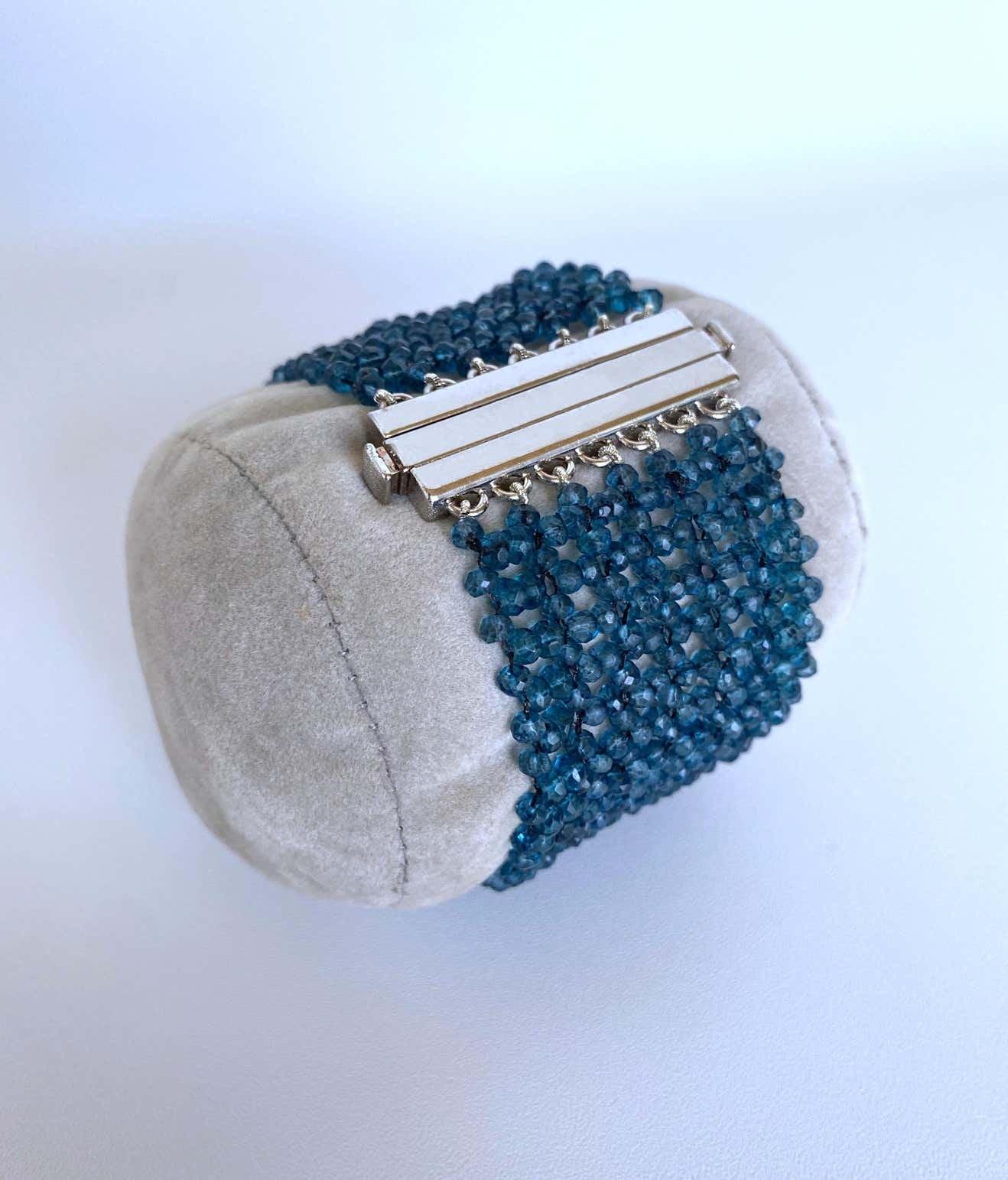 Wide Woven London Blue Topaz Beaded Bracelet with Silver Clasp