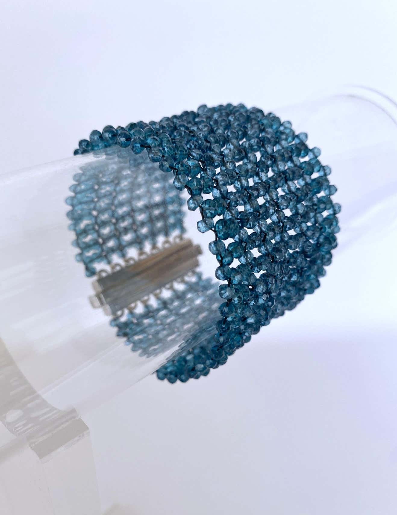 Wide Woven London Blue Topaz Beaded Bracelet with Silver Clasp