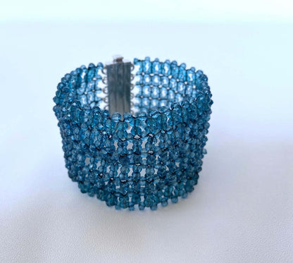 Wide Woven London Blue Topaz Beaded Bracelet with Silver Clasp