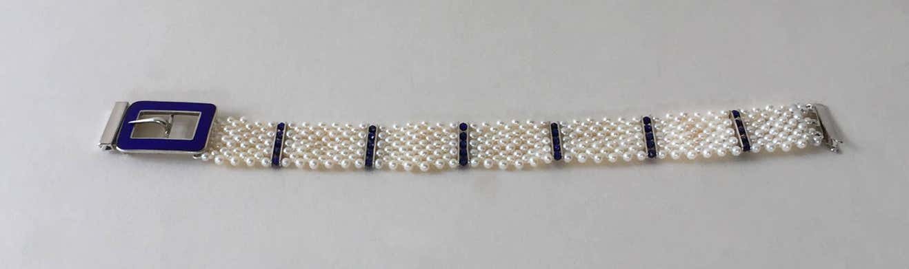 Woven Pearl Bracelet with Blue Enamel Buckle, 14k & Lapis Lazuli