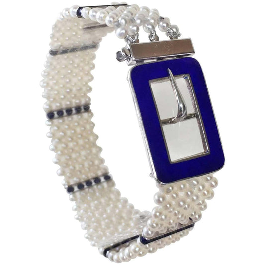 Woven Pearl Bracelet with Blue Enamel Buckle, 14k & Lapis Lazuli