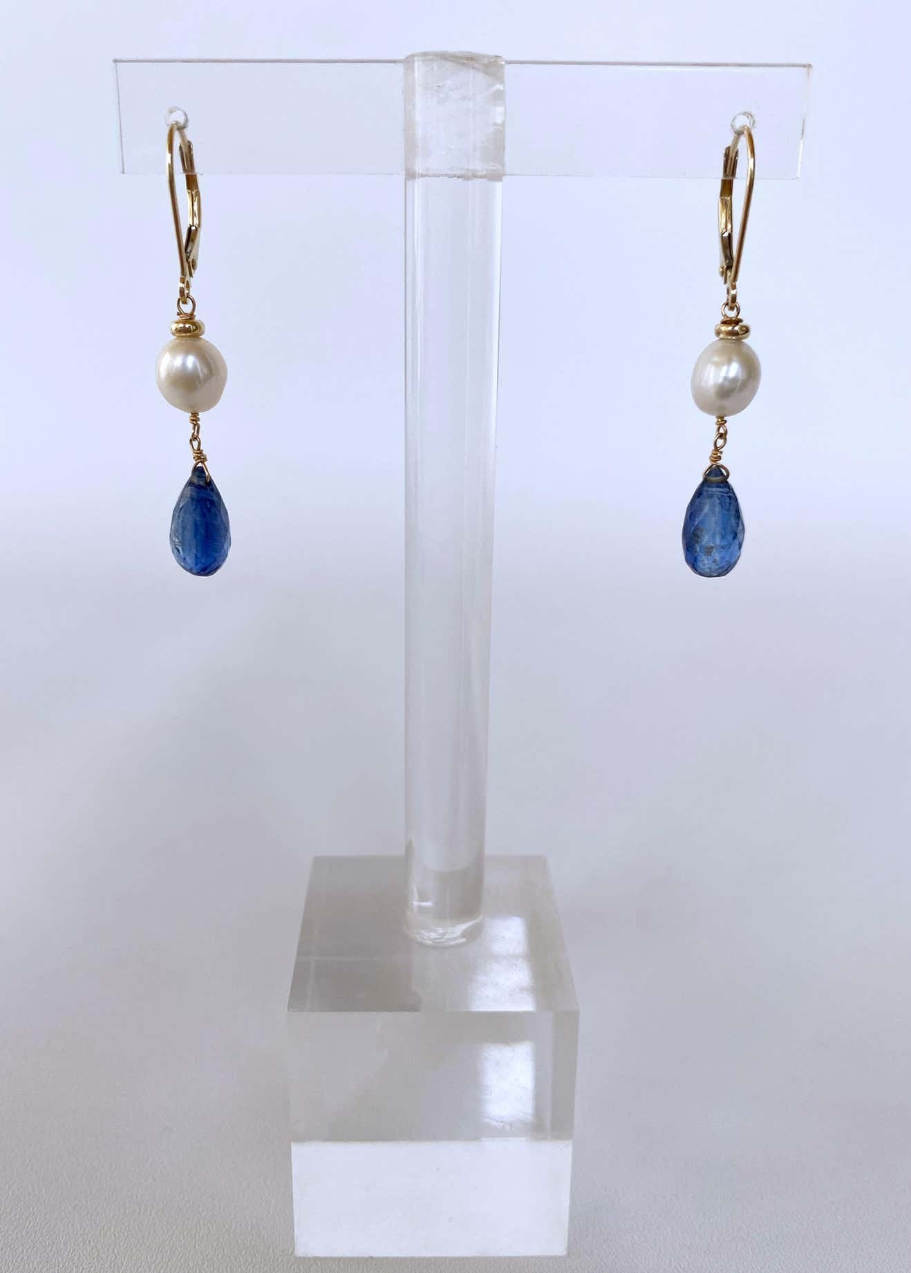 Pearl, Kyanite and 14k Yellow Gold Lever Back Earrings