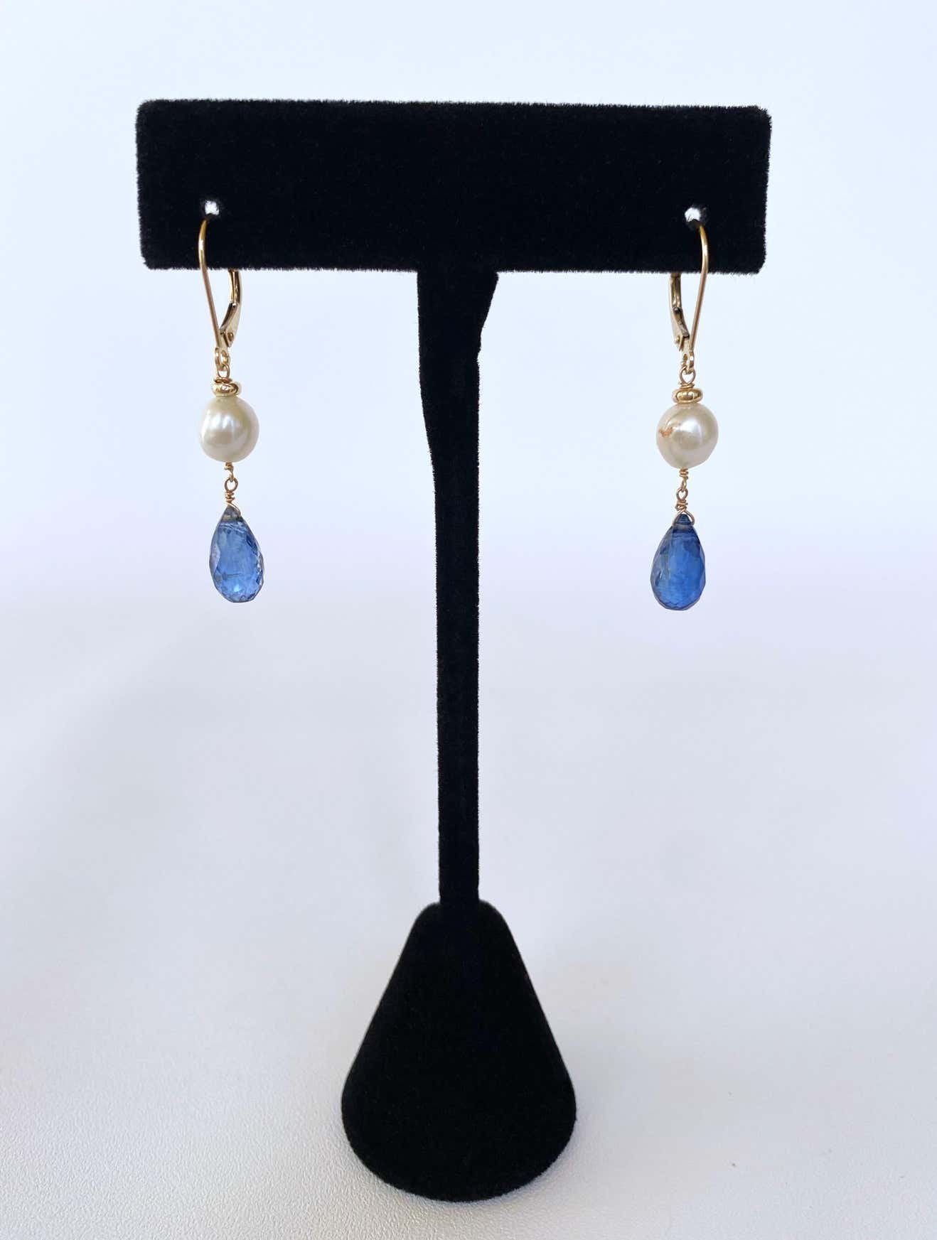 Pearl, Kyanite and 14k Yellow Gold Lever Back Earrings