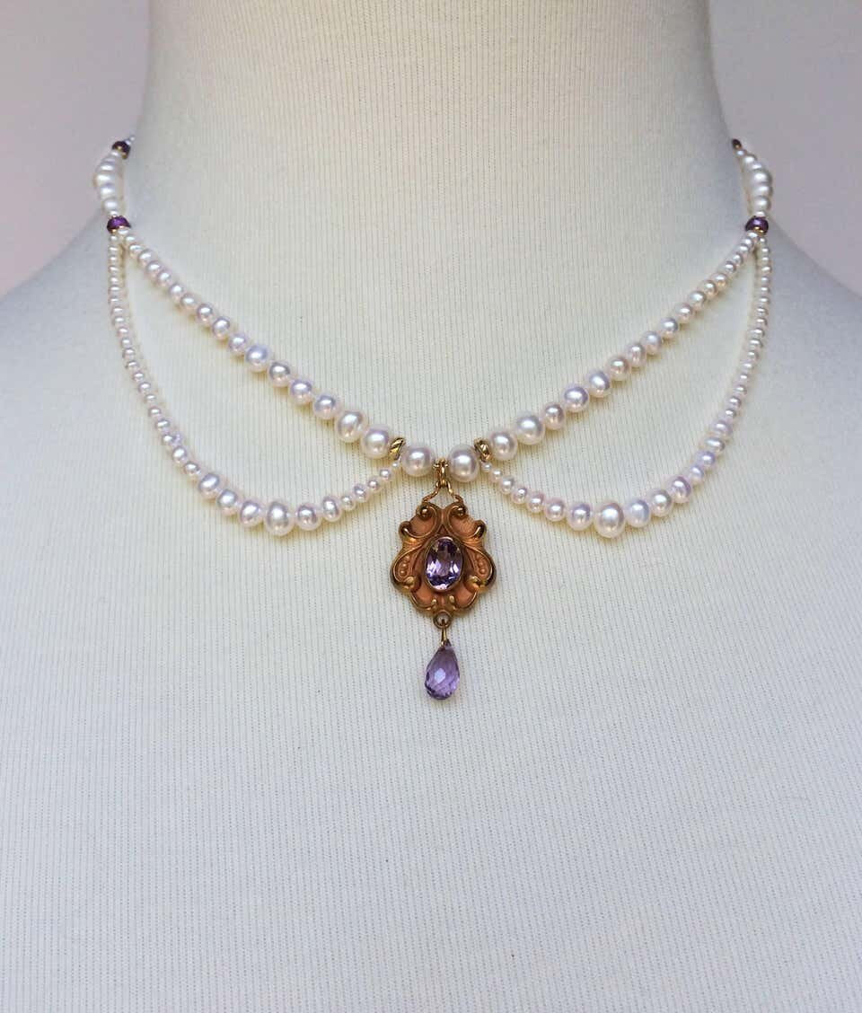 Marina J Graduated Pearl and Amethyst Necklace with Vintage Gold Pendant