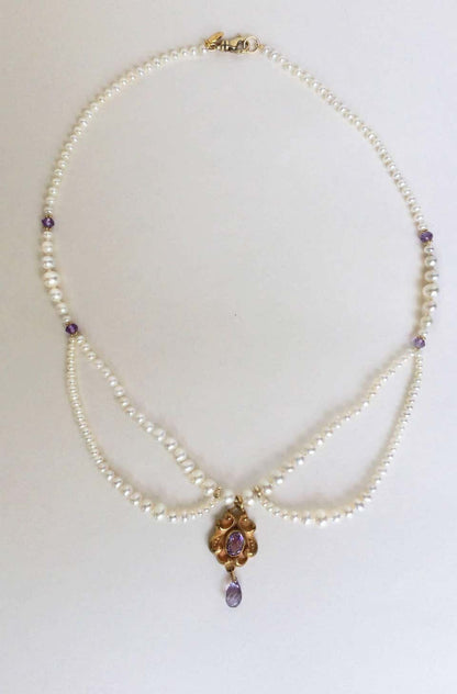 Marina J Graduated Pearl and Amethyst Necklace with Vintage Gold Pendant