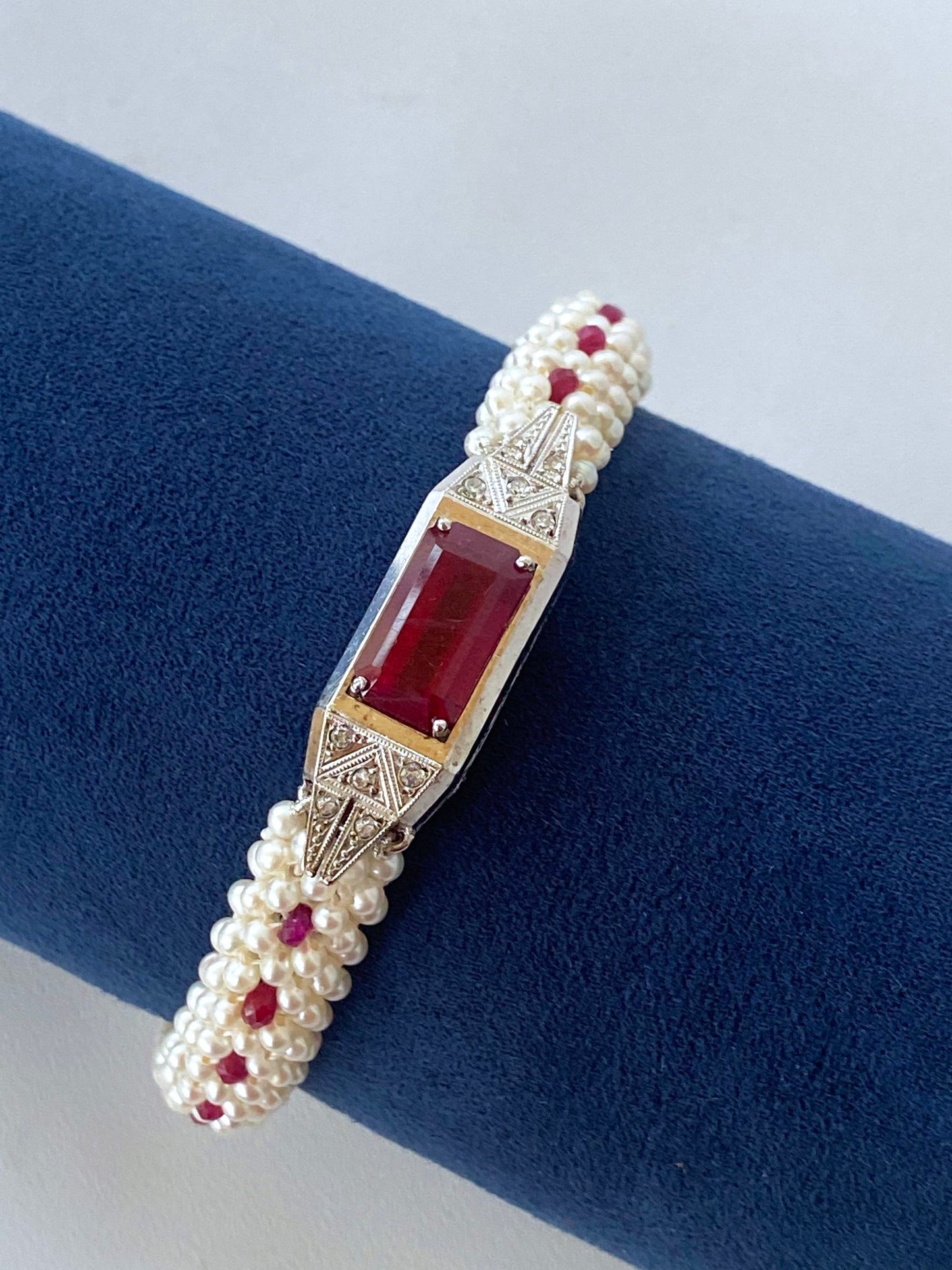 Ruby, Diamond & Pearl Bracelet with Antique 14k White Gold