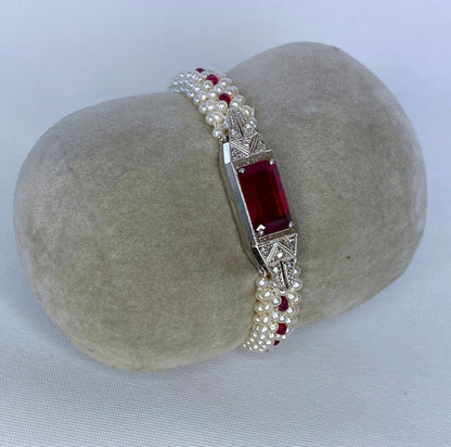 Ruby, Diamond & Pearl Bracelet with Antique 14k White Gold