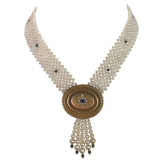Marina J Pearl & Sapphire Necklace with Vintage English Victorian Brooch & Gold