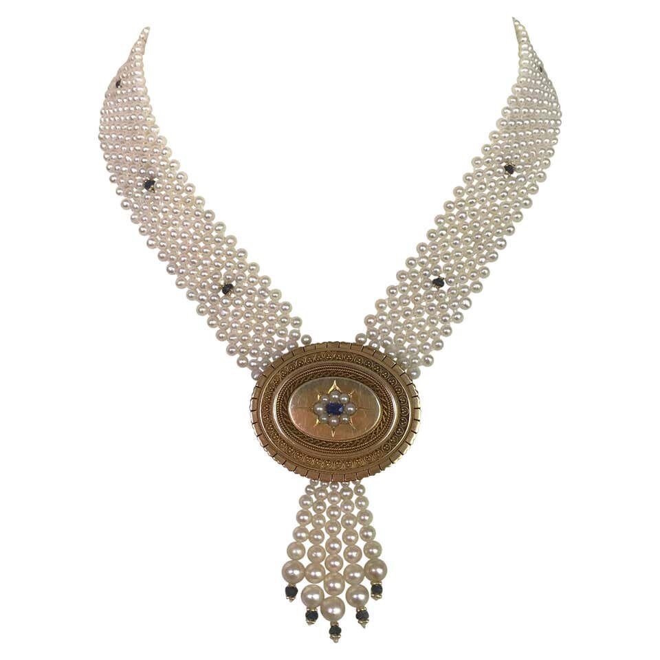 Marina J Pearl & Sapphire Necklace with Vintage English Victorian Brooch & Gold