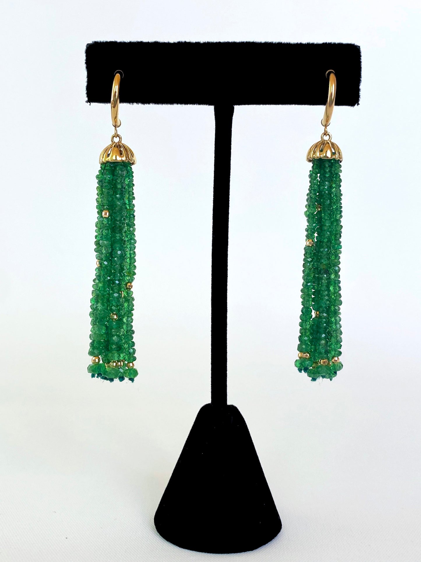 Pearl, Green Tsavorite & Solid 14k Yellow Gold Tassel Earrings