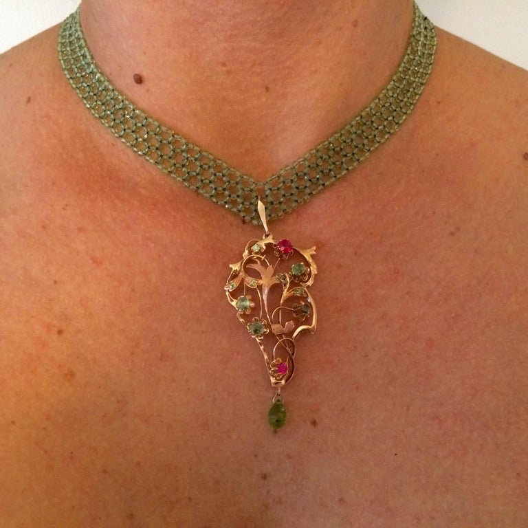 Woven Peridot Bead Necklace with Removable Pendant of Ruby, Peridot and Gold