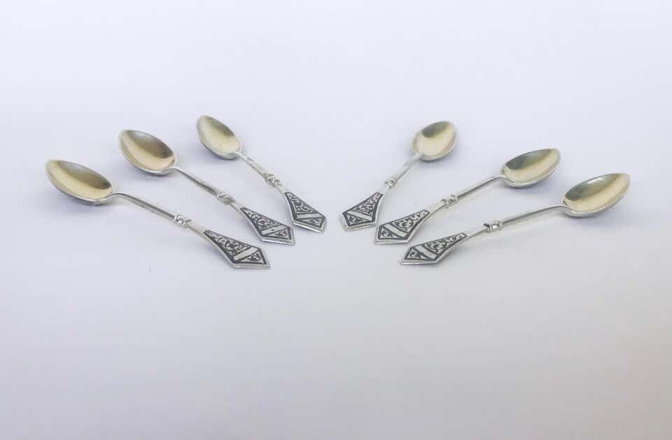 Fine Vintage Unique Sterling Silver-Guilt Niello Russian Spoon Set