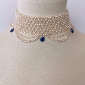 Woven Pearl Choker with Pearl Drapes and Kyanite Briolettes